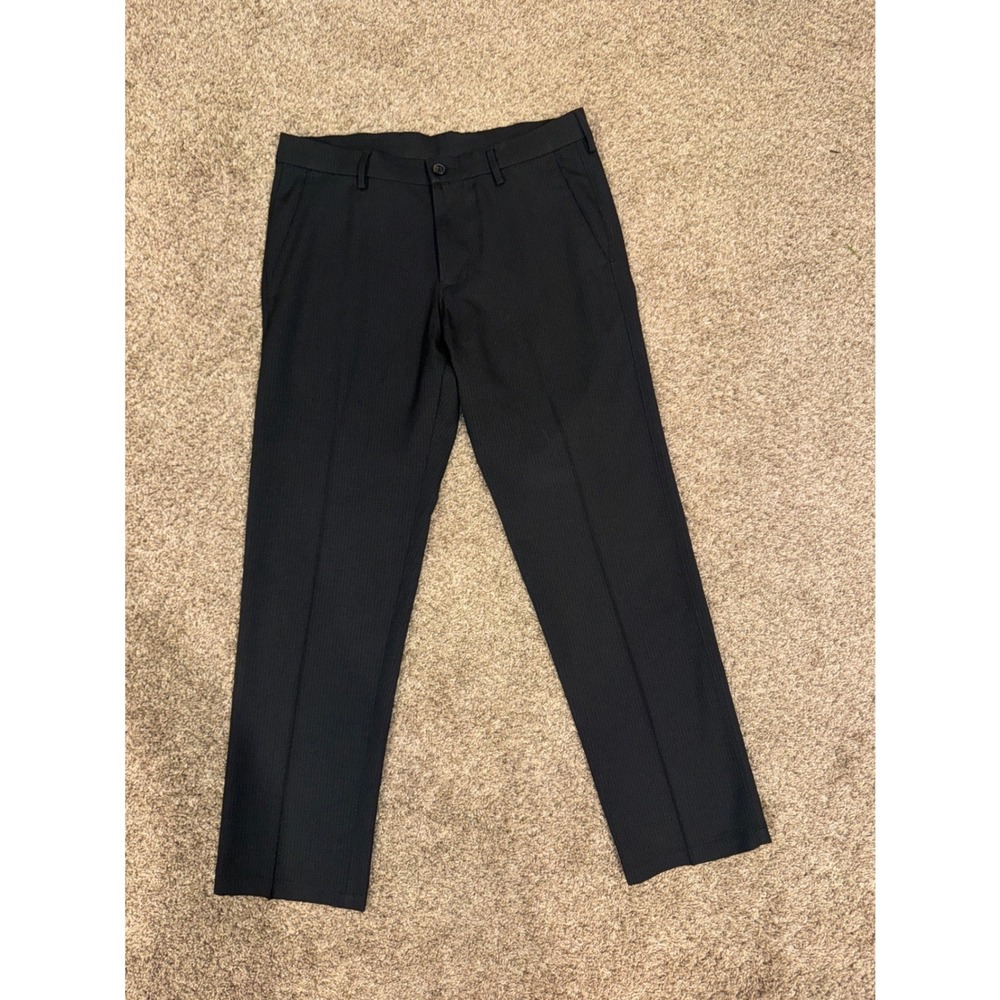 Haggar H26 Mens Dress Pants Black pinstripe Flat Front Trousers 32x30 1012299